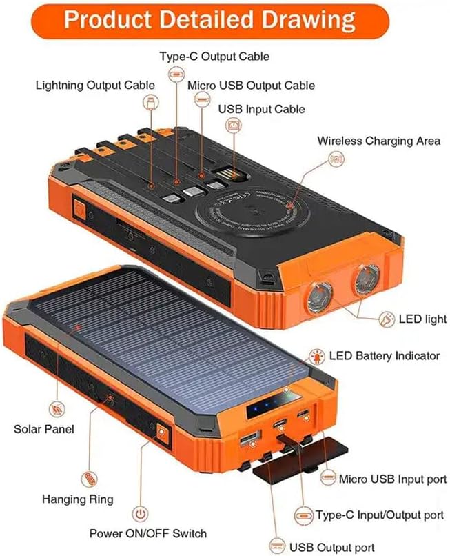 Solar Portable Power Bank with Built-In Cables LED Flashlight