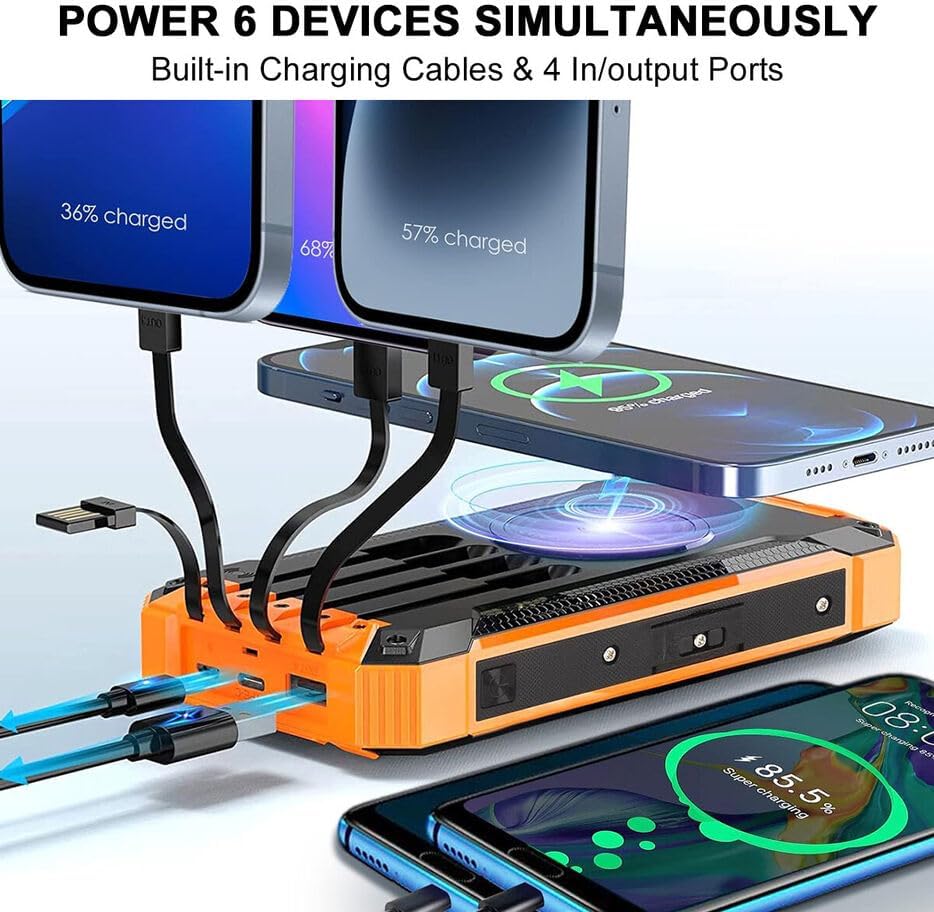 Solar Portable Power Bank with Built-In Cables LED Flashlight