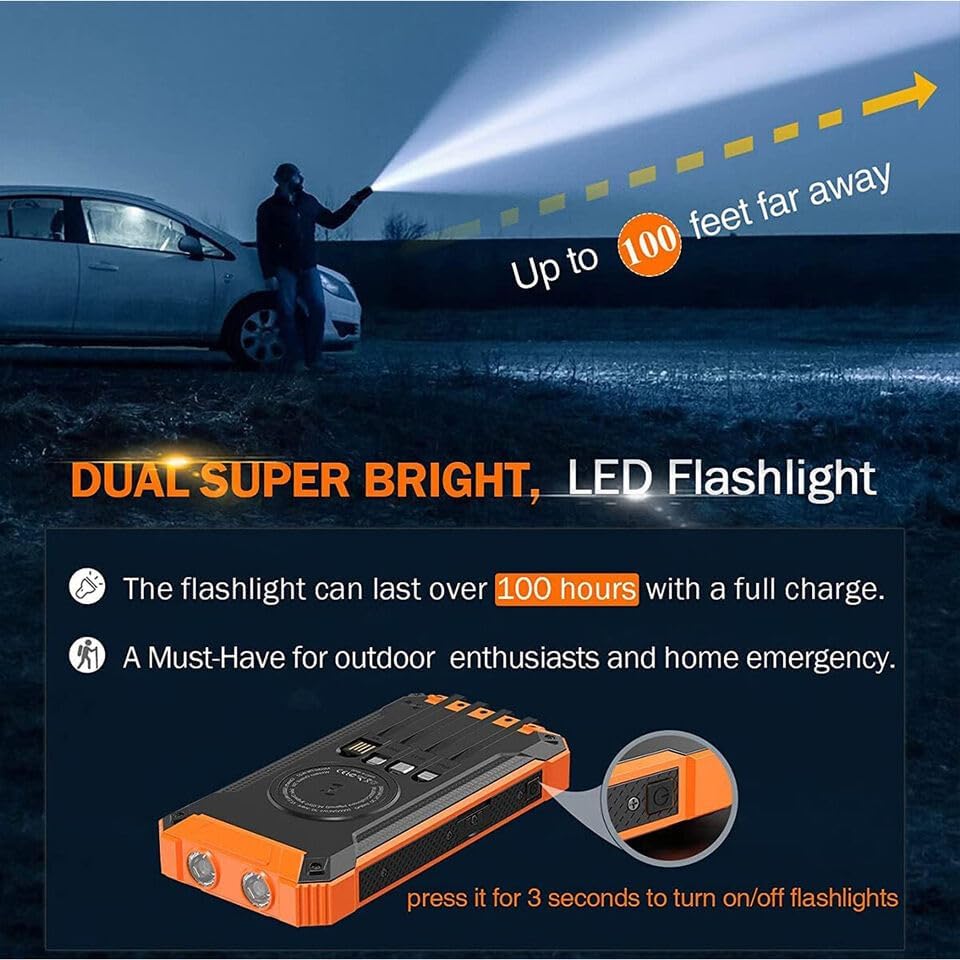 Solar Portable Power Bank with Built-In Cables LED Flashlight
