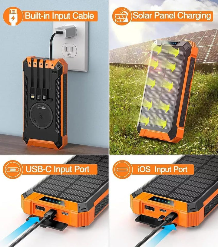Solar Portable Power Bank with Built-In Cables LED Flashlight