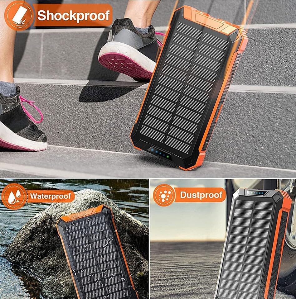Solar Portable Power Bank with Built-In Cables LED Flashlight