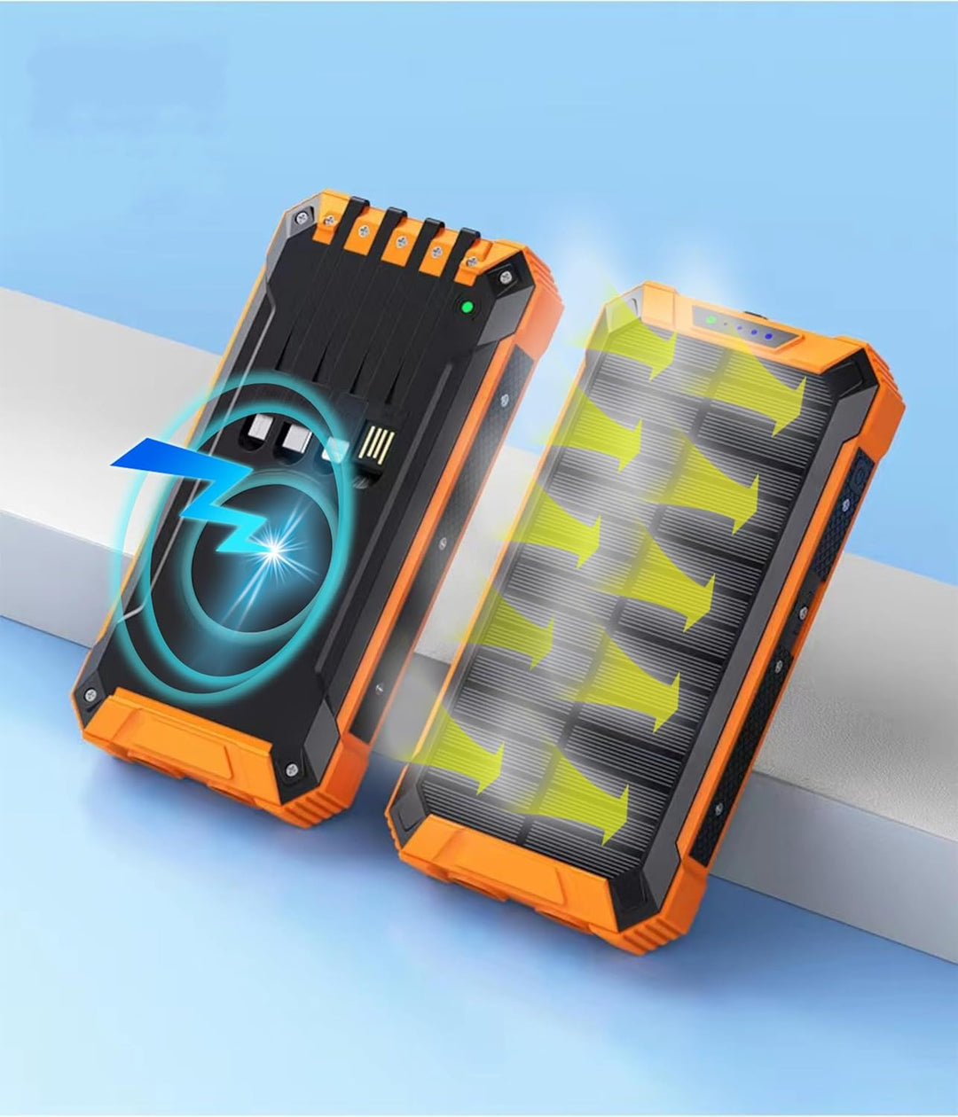 Solar Portable Power Bank with Built-In Cables LED Flashlight