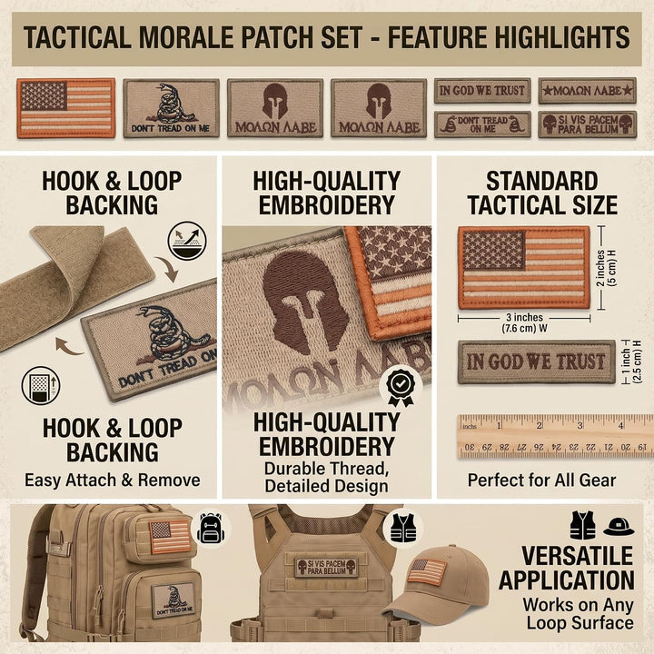 Bundle 8 Pieces Tactical Military Patch Set,Usa Flag Patches Tactical Military Army Operator Patches with Hook & Loop Fasteners Backing (Tan)